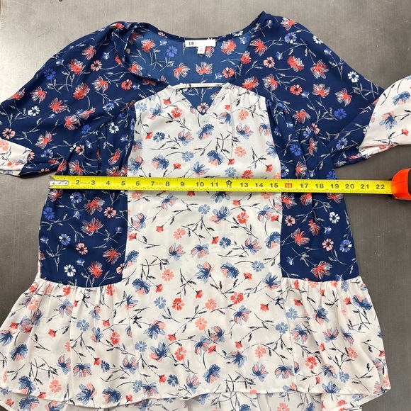 DR2 White & Blue Floral‎ Peasant Blouse Peplum Long Blouson Sleeve Open V-Neck M - Picture 9 of 11